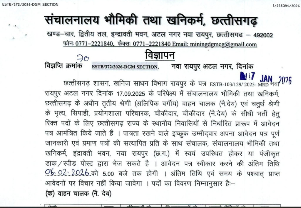 CG Khanij Vibhag Recruitment 2026: Apply Offline for 39 Driver, Peon & Constable Posts | Full Details & Eligibility