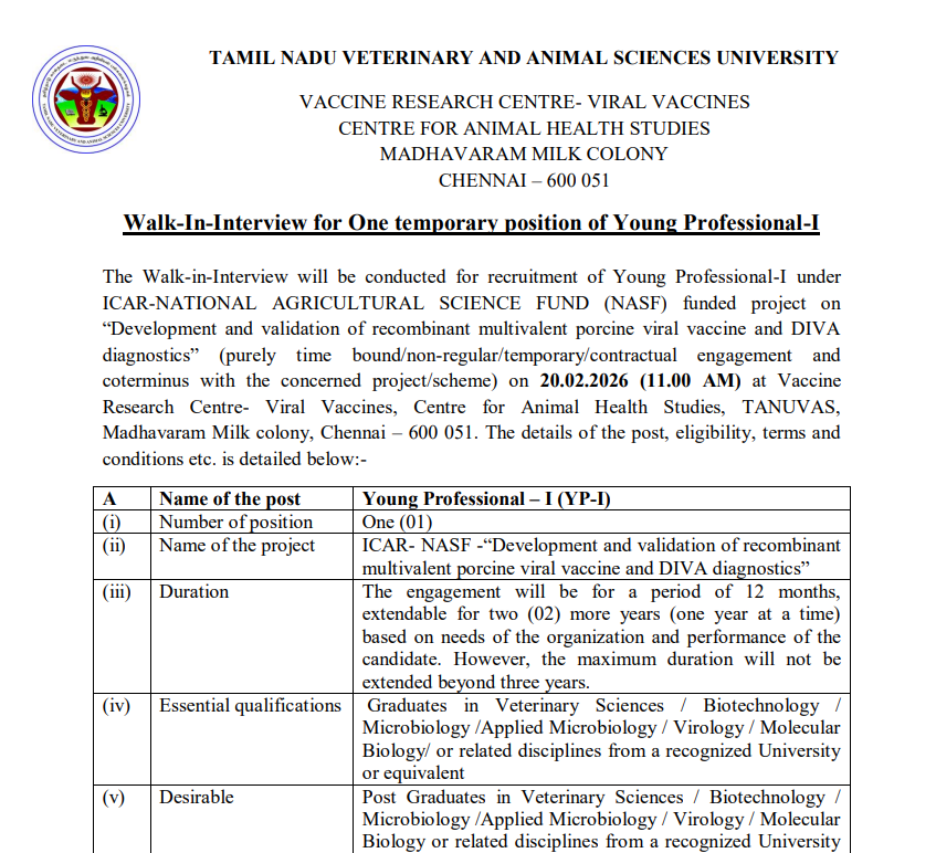 TANUVAS Recruitment 2026: Walk-in Interview for Young Professional-I in Chennai | ₹30,000 Salary
