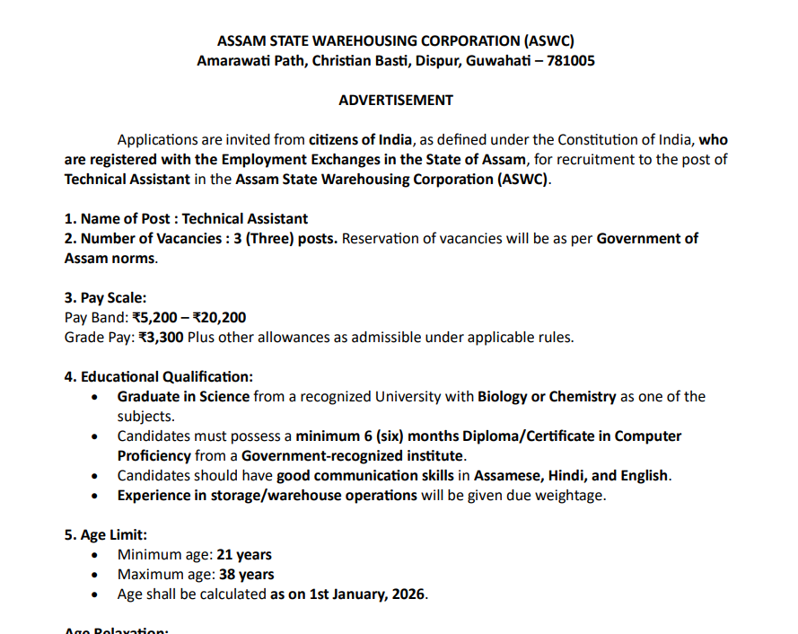 Assam State Warehousing Corporation Job Vacancy 2026: 13 Government Posts Open